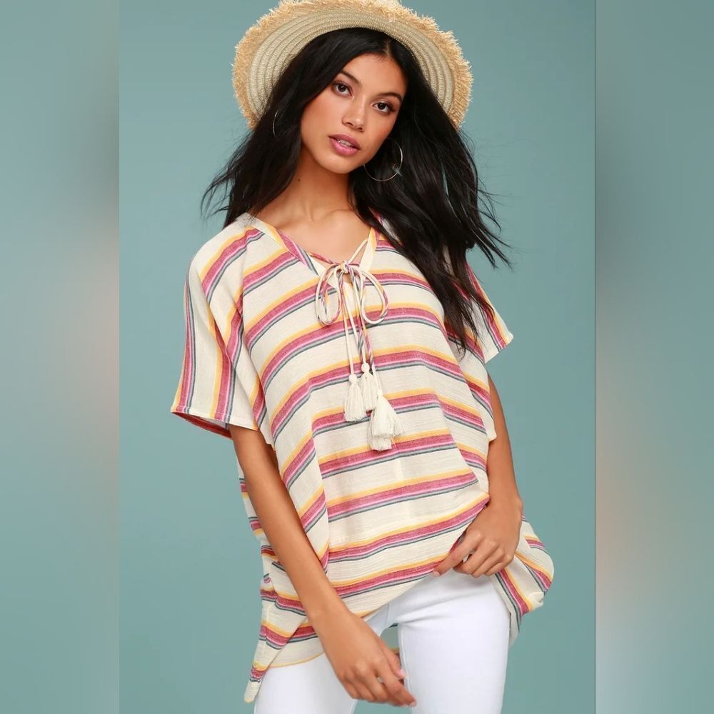 🔺️Lulu's At Sunset Cream Striped Tassle Tied Vneck Poncho Top Small